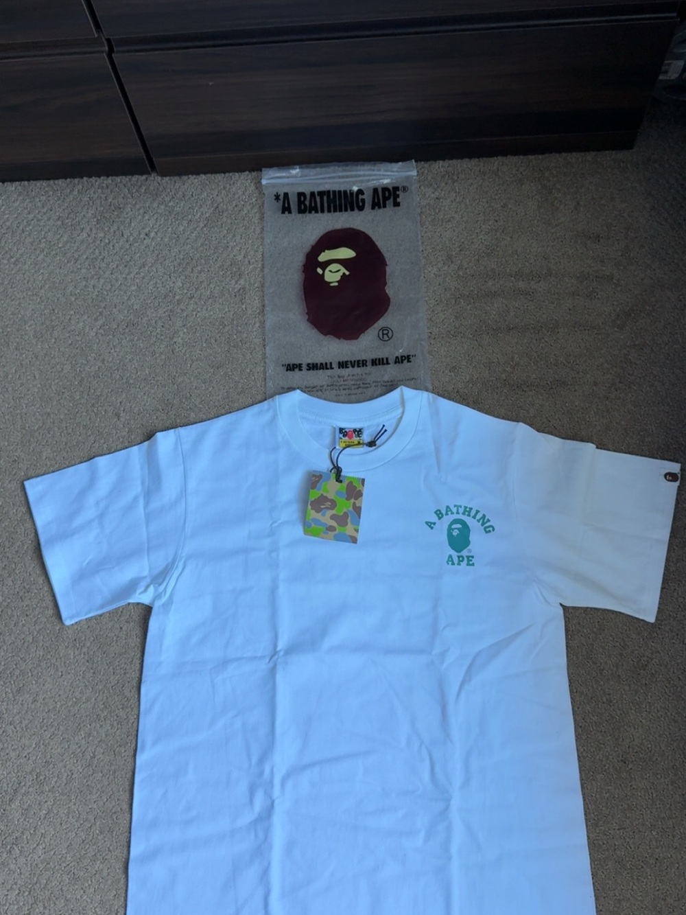 Bape White Short Sleeve Tee with Teal Logo